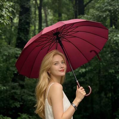 Solid Color Wind-Resistant Unisex Umbrella Without Fiberglass, 16-Rib Long Handle Umbrella, Automatic Business Umbrella, Student Umbrella, Printed