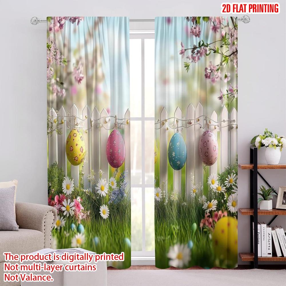 2D flat printing 2pcs Window Treatment Curtains Easter Colorful Eggs Fence Digital Printed Polyester Drapes Seasonal Party & 60×150