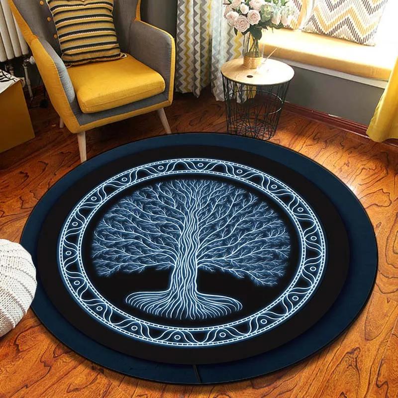 World Tree Round Rug Area Rug Viking Norse Mythology Print Round Carpet Living Room Bedroom Floor Mat Playroom Soft Round Carpet