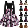 Women Vintage Long Sleeve Square Neck Halloween Print Party Dress with Belt and Pattern Retro Style Gown