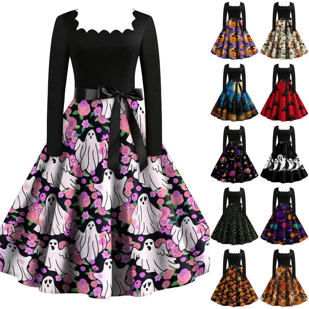 Women's Vintage Long Sleeve Square Neck Halloween Print Party Dress Midi Length Fit and Flare Style with Waist Tie Belt