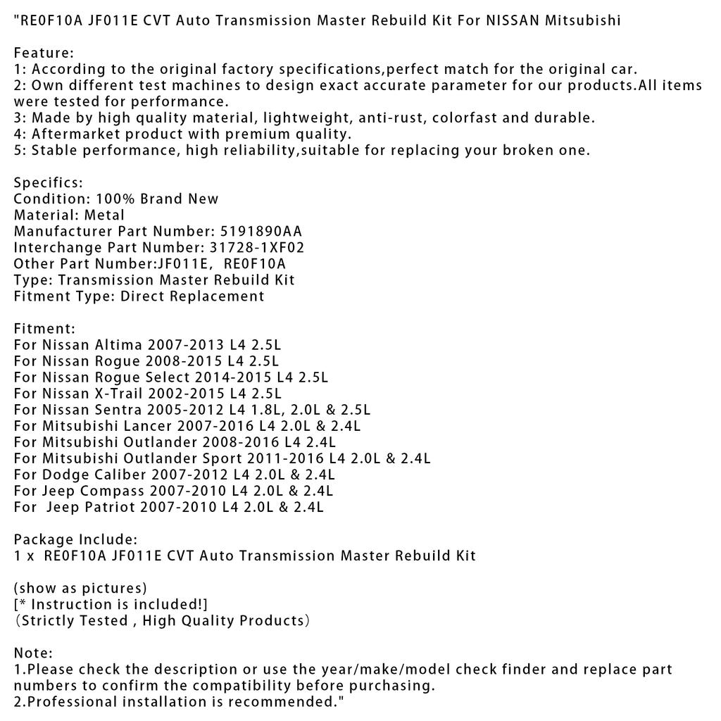 RE0F10A JF011E CVT Automatikgetriebe Hauptüberholkit Für NISSAN Mitsubishi