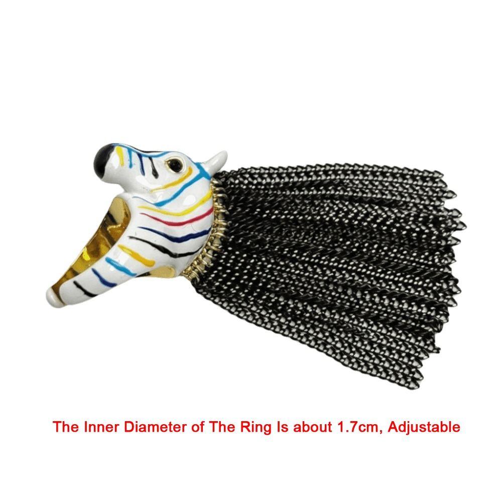 Exaggerated Design Zebra Tassel Ring High-End Feeling Creative Design Zebra Head Ring Open Ring Metal Material Finger Ring