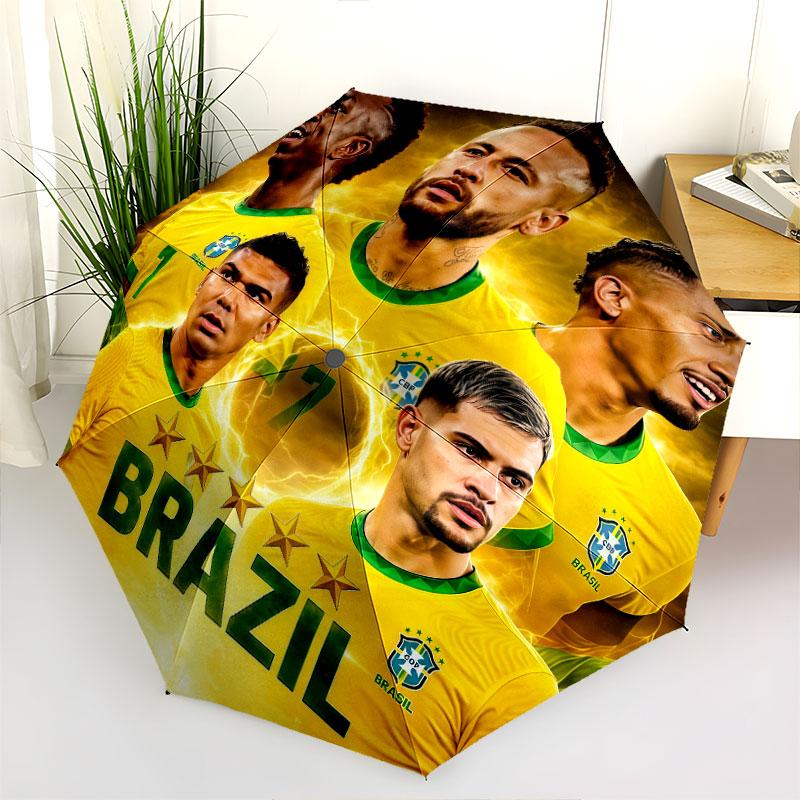 1 PC Automatic Folding Umbrella - Brazil National Football Team Pattern, Portable & Foldable Design with 8 Ribs, Christmas Birthday Gifts