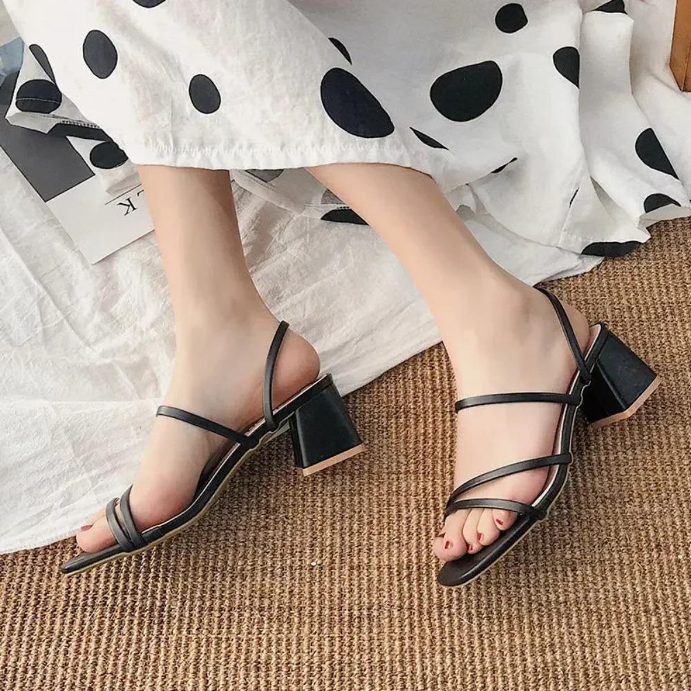 Womens Chic Chunky Heel Sandals - Square Toe Slip-Ons for Summer Style - Comfortable Casual Fashion Pumps