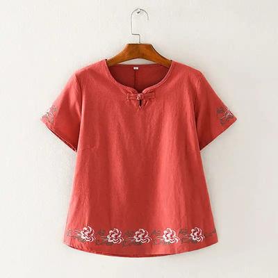 Womens Red Chinese Style Floral Embroidered Short Sleeve Top