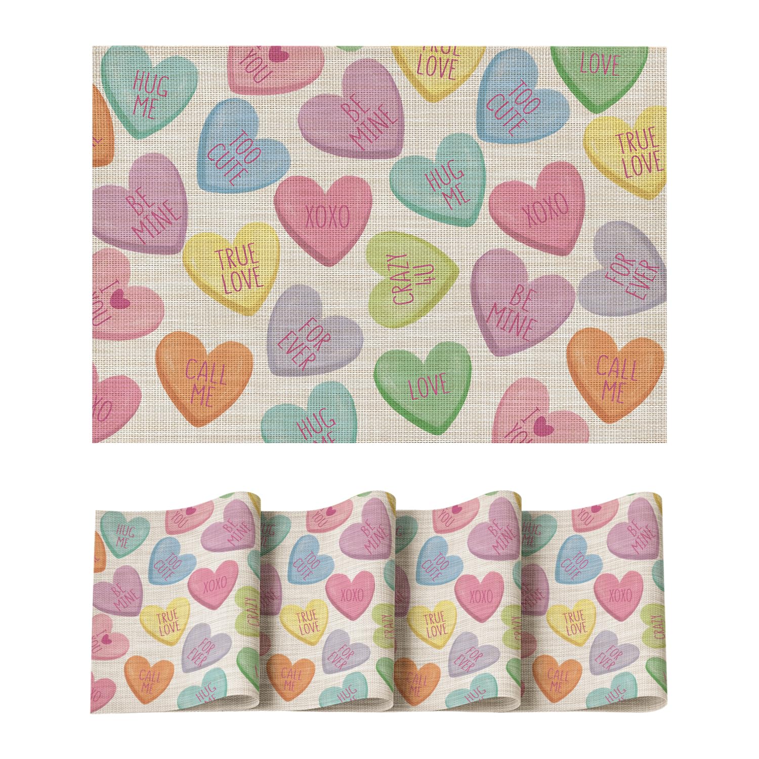

XOXO Hearts Vinyl Placemats Set of 4, 12x18 Inch Wipeable Non-Slip PVC Place Mats for Party Kitchen Dining Decor 12 x 18 , Rectangular Set of 4