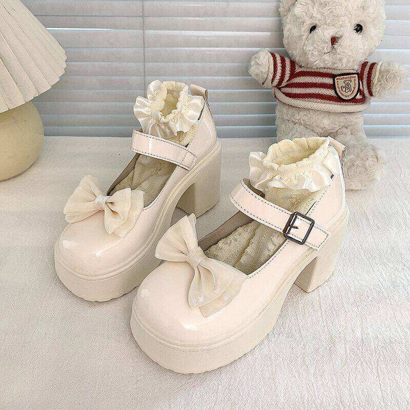 Fashion Women Cute Bowknot Mary Janes Shoes Spring Autumn Platform Fashion Round Toe Thick High Heel Belt Buckle Ladies Lolita Loafers