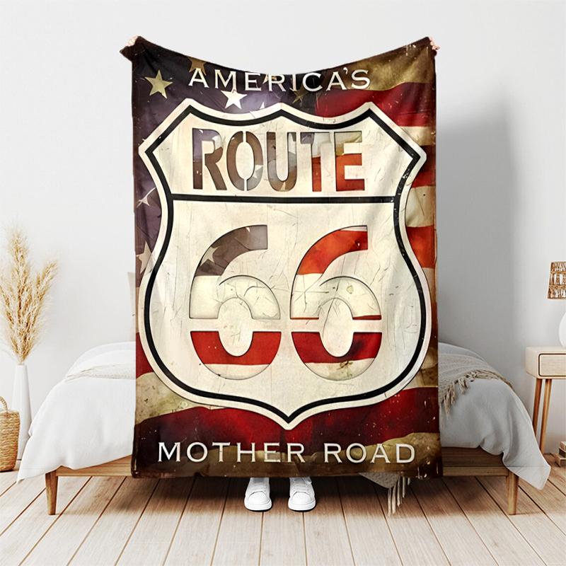 1pc Blanket U.S. Route 66(1) Print Design, Lightweight Blanket for Sofa, Bed- Soft &Warm, Gift for All Seasons like Christmas, Halloween