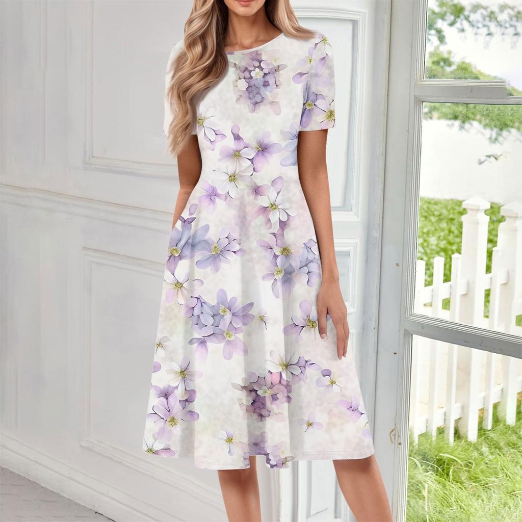 Women's Casual Fashion Round Neck Short Sleeve Floral Print Midi Dress