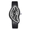 Dali Schmelzende Verzerrte Uhr Unregelmäßiges Römisches Zifferblatt Schwarzes Echtes Lederarmband Surrealistische Kunst Damenuhr Quarz Armbanduhr