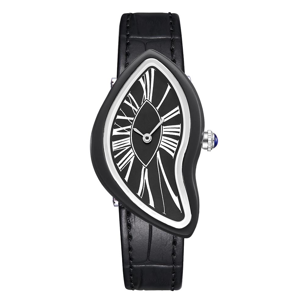 Dali Schmelzende Verzerrte Uhr Unregelmäßiges Römisches Zifferblatt Schwarzes Echtes Lederarmband Surrealistische Kunst Damenuhr Quarz Armbanduhr