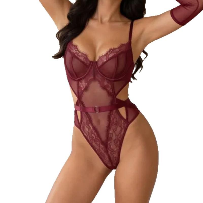 Lace Sheer Bodysuit With Long Mesh Gloves Set Women Elegant Seductive Lingerie Outfit