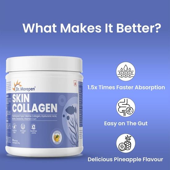 DR. MOREPEN Marine Collagen Skin Protein Powder With Hyaluronic Acid, Vitamin C, Sesabania & Biotin | Pineapple Flavour | 250g