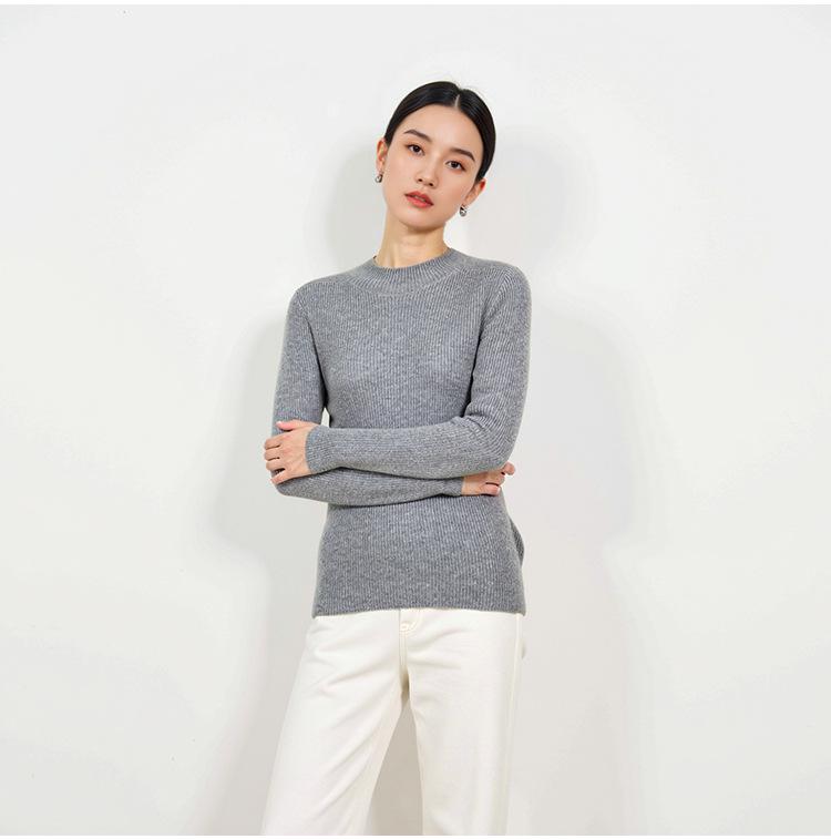 Women's Seamless Wool-Cashmere Slim Fit Sweater - Long Sleeve, Semi-High Neck, Solid Color
