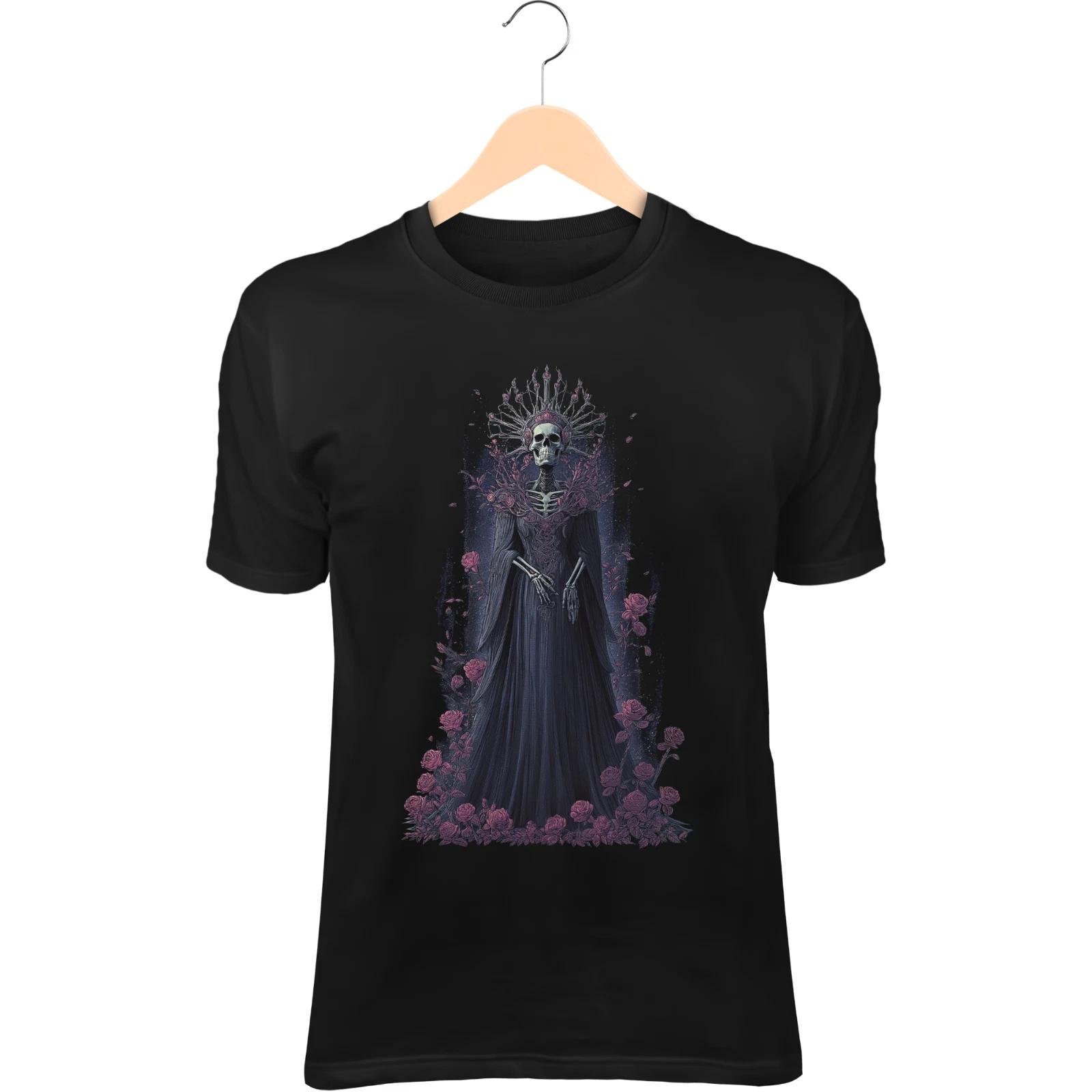Gothic Bone Queen T-Shirt - Skull Faced Sorceress in Flowing Black Dress M