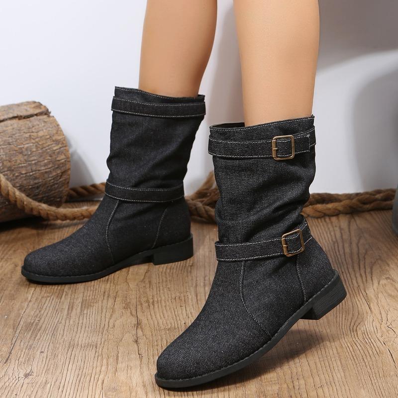 Stivali da donna a suola spessa, stile europeo e americano, con fibbia per cintura autunnale e invernale, fondo piatto, tacco basso, in pelle, sono disponibili.