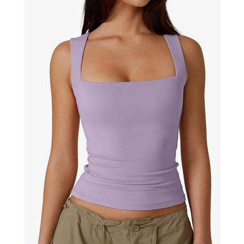 Solid Color Square Neck Sleeveless Top Solid Color Square Collar Slim Fit Sleeveless Top Female