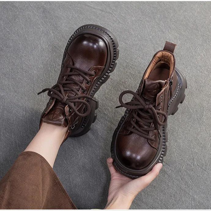 Johnature Retro Genuine Leather Thick Soled Short Boots Comfortable Side Zipper Women's Platform Shoes