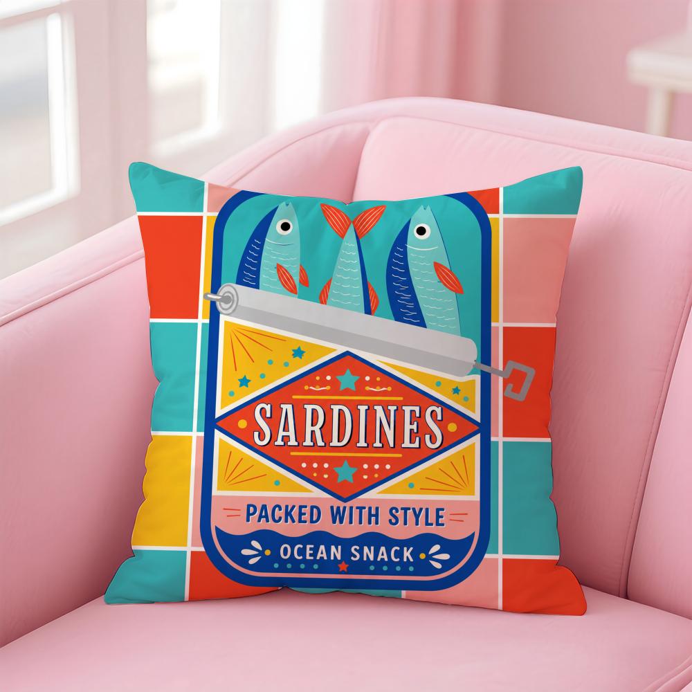 Cushion Cover Sardines in A Tin with Striped Short Plush Soft DoubleSided Printing Pillow Case Cozy Sofa Bedroom Home Decor