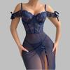 Sexy lace lingerie mesh perspective split suspender dress women