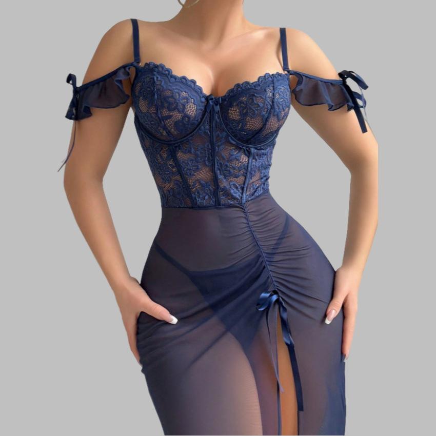 Sexy lace lingerie mesh perspective split suspender dress women