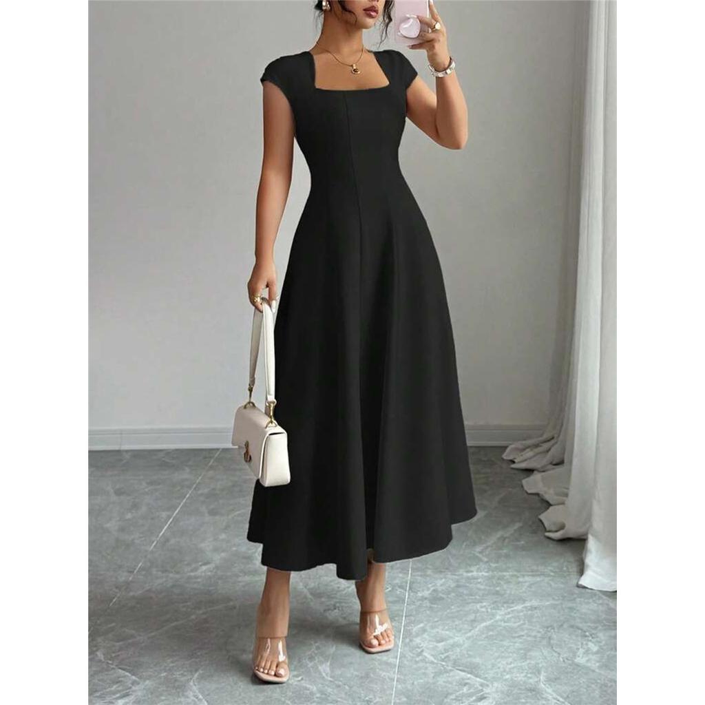 Vestido Elegante Largo de Manga Corta con Escote Cuadrado para Mujer