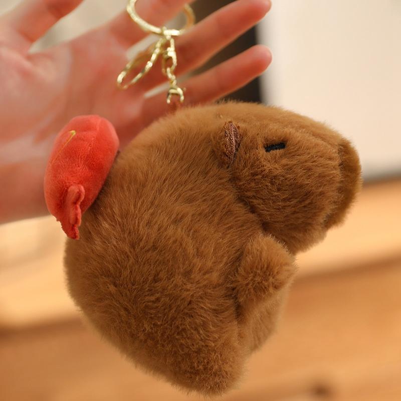 Jouets Peluches Capybara Gourmand Mignon Mini Capybara Alimentaire Jouets à Tirer Fil Porte-clés Drôles Pendentifs Décoration de Sacs Mignon Cadeau d'Anniversaire 11cm