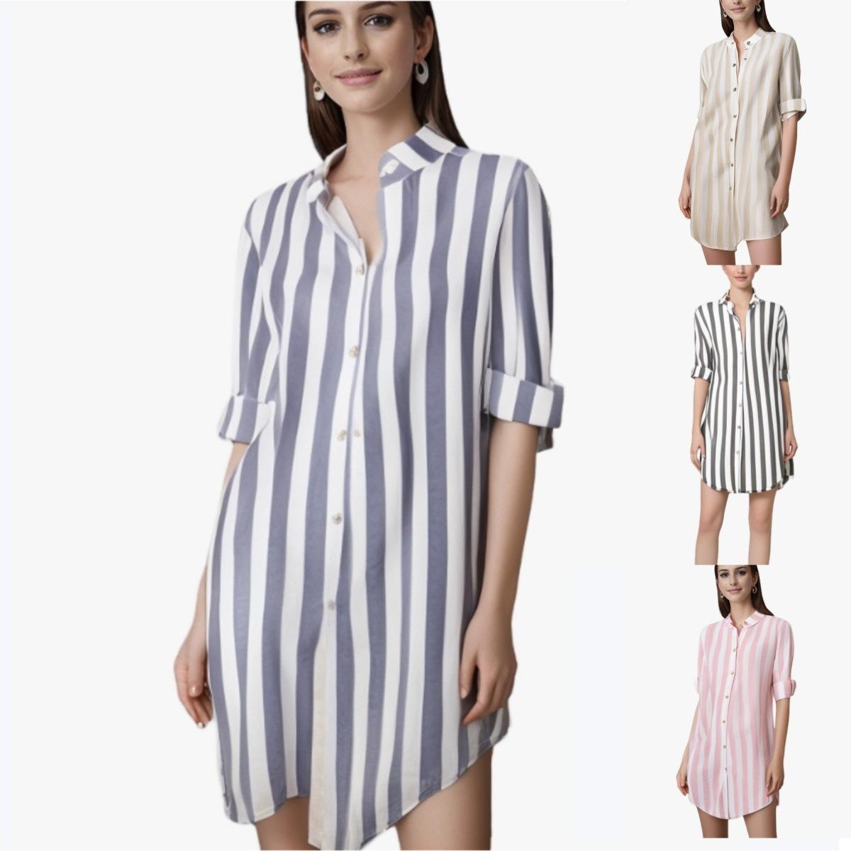 

Striped Long Sleeve Shirt - Women s Oversized Linen Blend Tunic Top 5XL рожевий