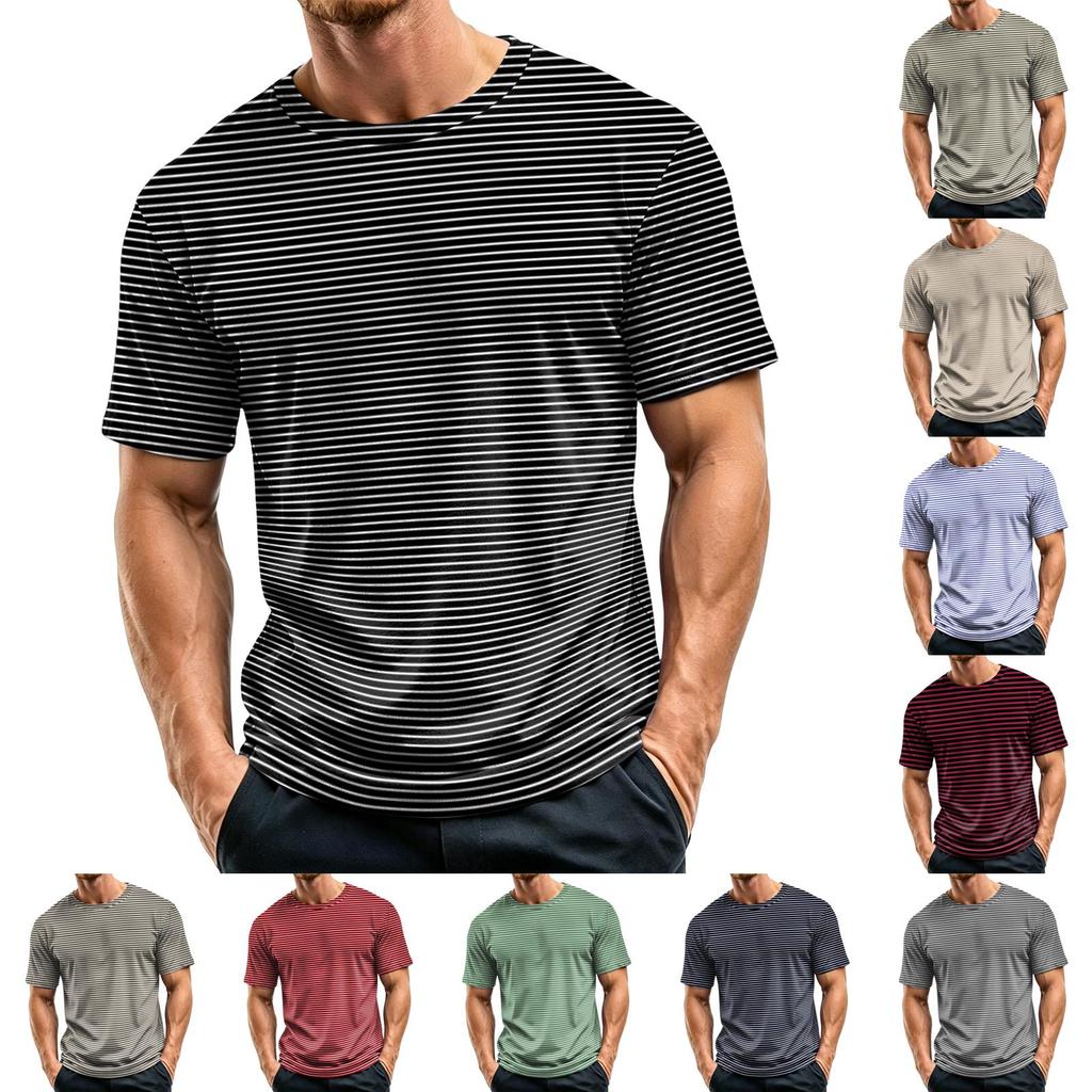 Men's Casual Quick-Dry Round Neck Short Sleeve Striped T-Shirt - Lightweight Mesh Breathable