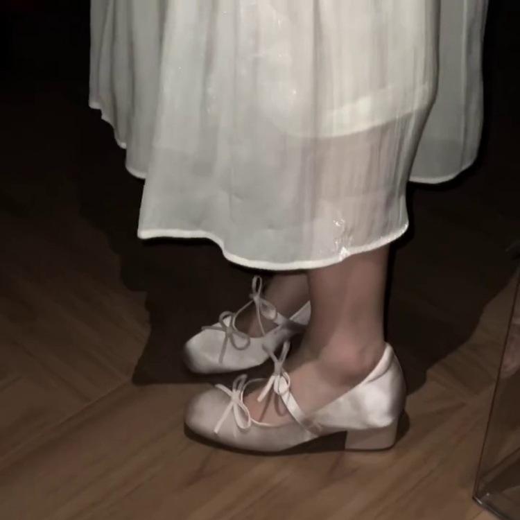 Sheepskin Version~ Gentle Wind Versatile Square Head Shallow Mouth Single Shoes 2025 Summer New Bow Thick Heel Mary Jane Shoes