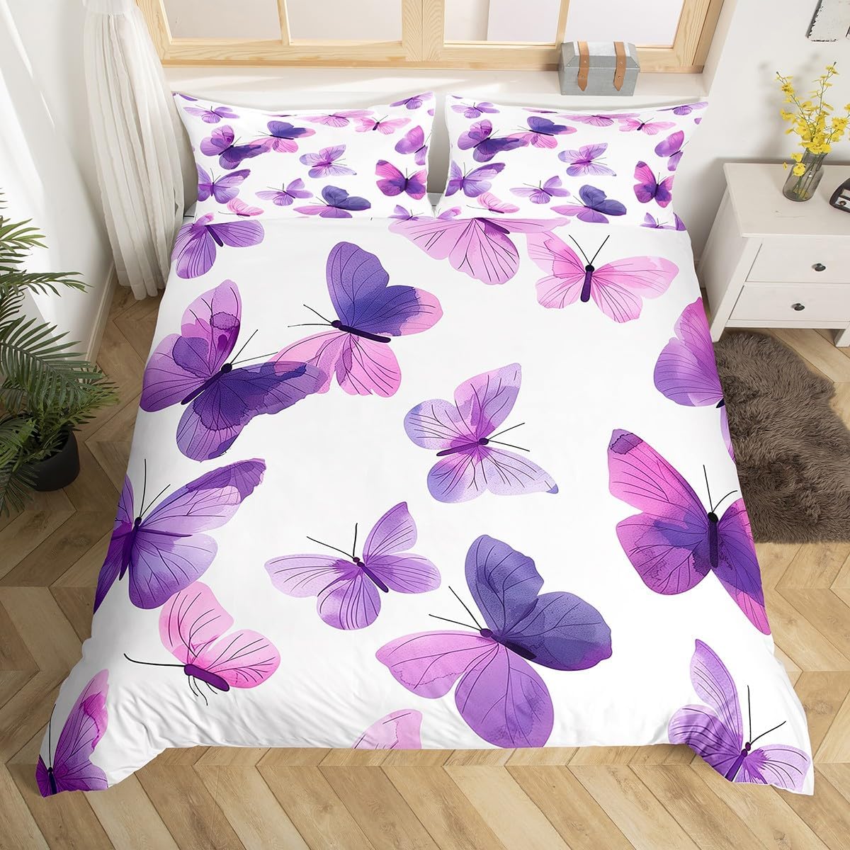 

Teal Purple Butterfly Duvet Cover Queen King Size Floral Boho Decor Aesthetic Mandala Bedding Butterfly Print Set 3 Pcs EU Single(135*200cm)3pcs