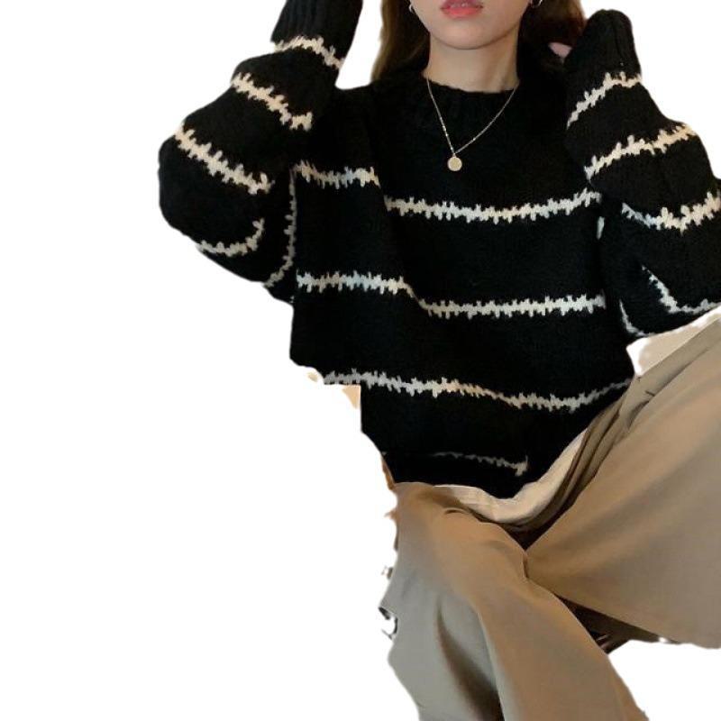2023 Retro Japanese Striped Half-High Collar Sweater for Women: Thick, Loose, and Long-Sleeved for Autumn and Winter