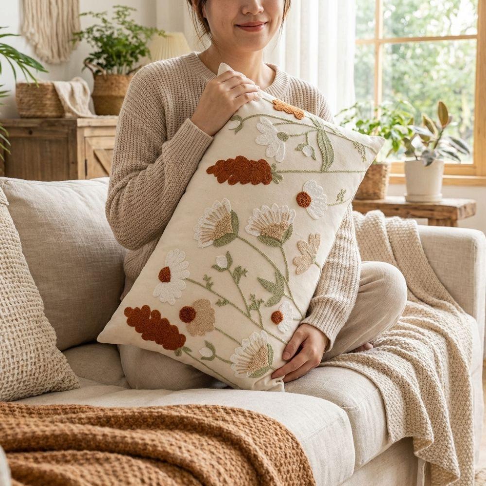 Pastoral Blumig getuftete Kissenhülle Leinwand Dekorative Kissenhülle Schlafzimmer