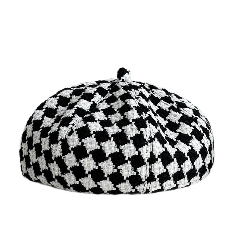 Hat Women's Fashionable and Versatile Houndstooth Beret Women's Early Autumn Face Showing Little Painter's Hat Simple Temperament Pumpkin Hat