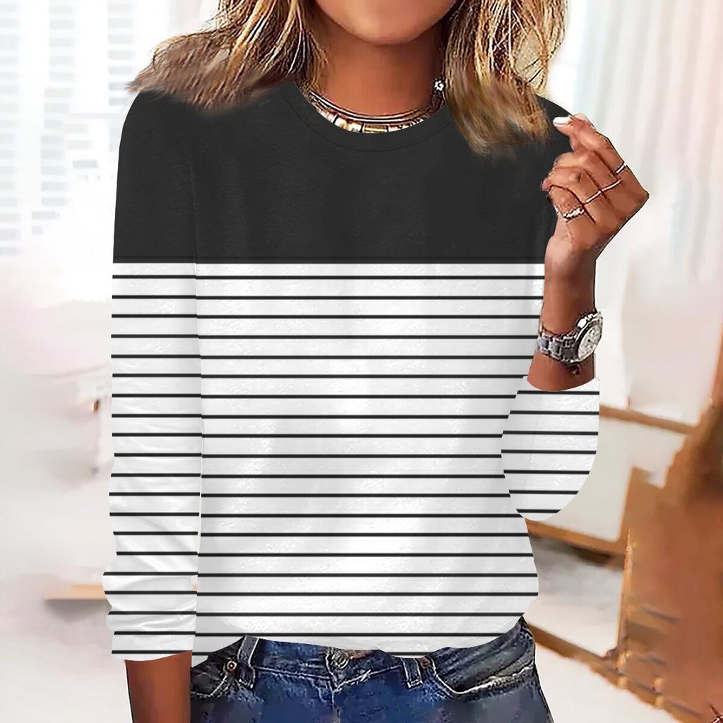 Rundhals 3D Blume Streifen Geometrische Muster Bedrucktes Oberteil Modische Lässige Langarm Damen T-Shirts