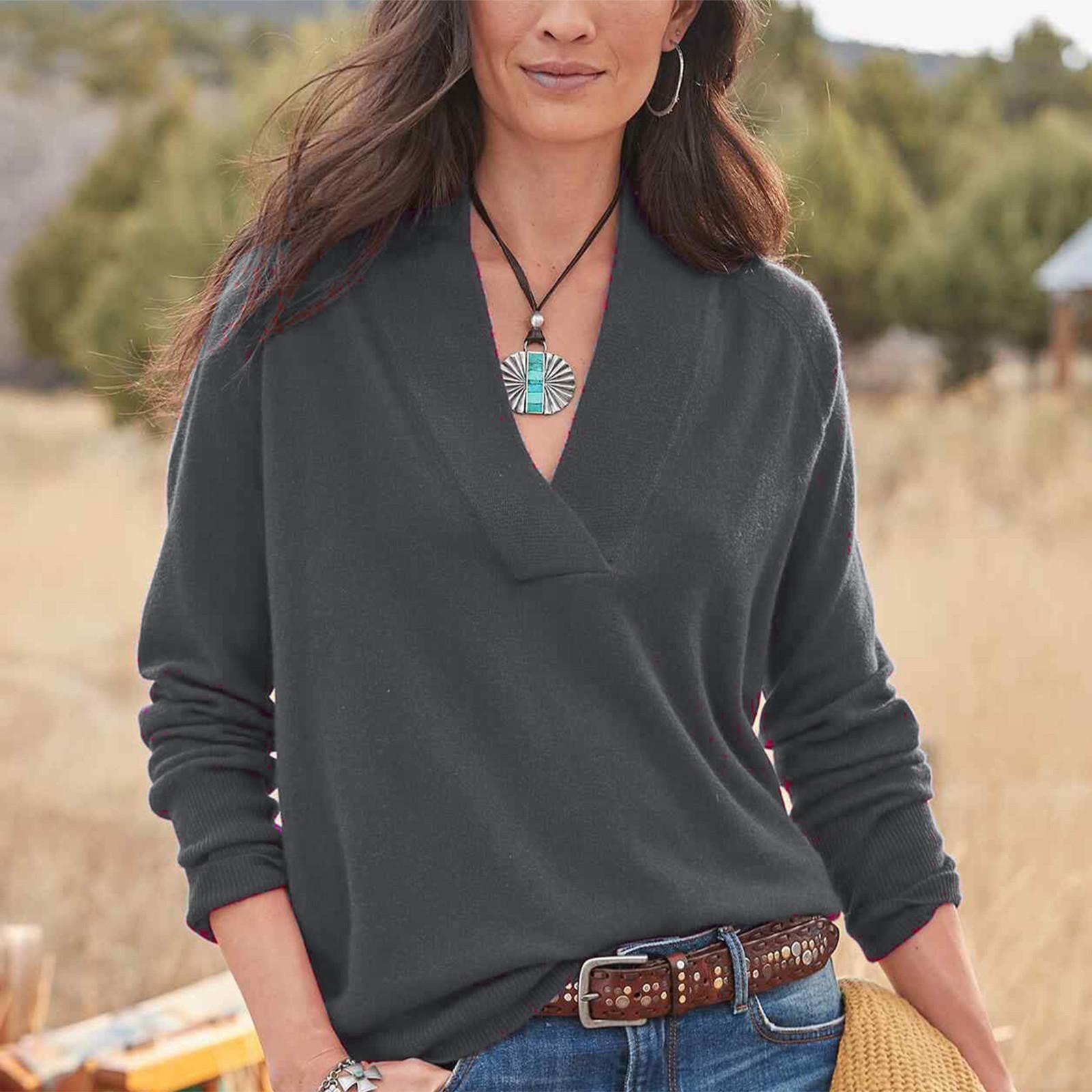 

Модный женский пуловер с v-образным вырезом, однотонный, свободный, повседневный, с длинными рукавами XXXL коричневый