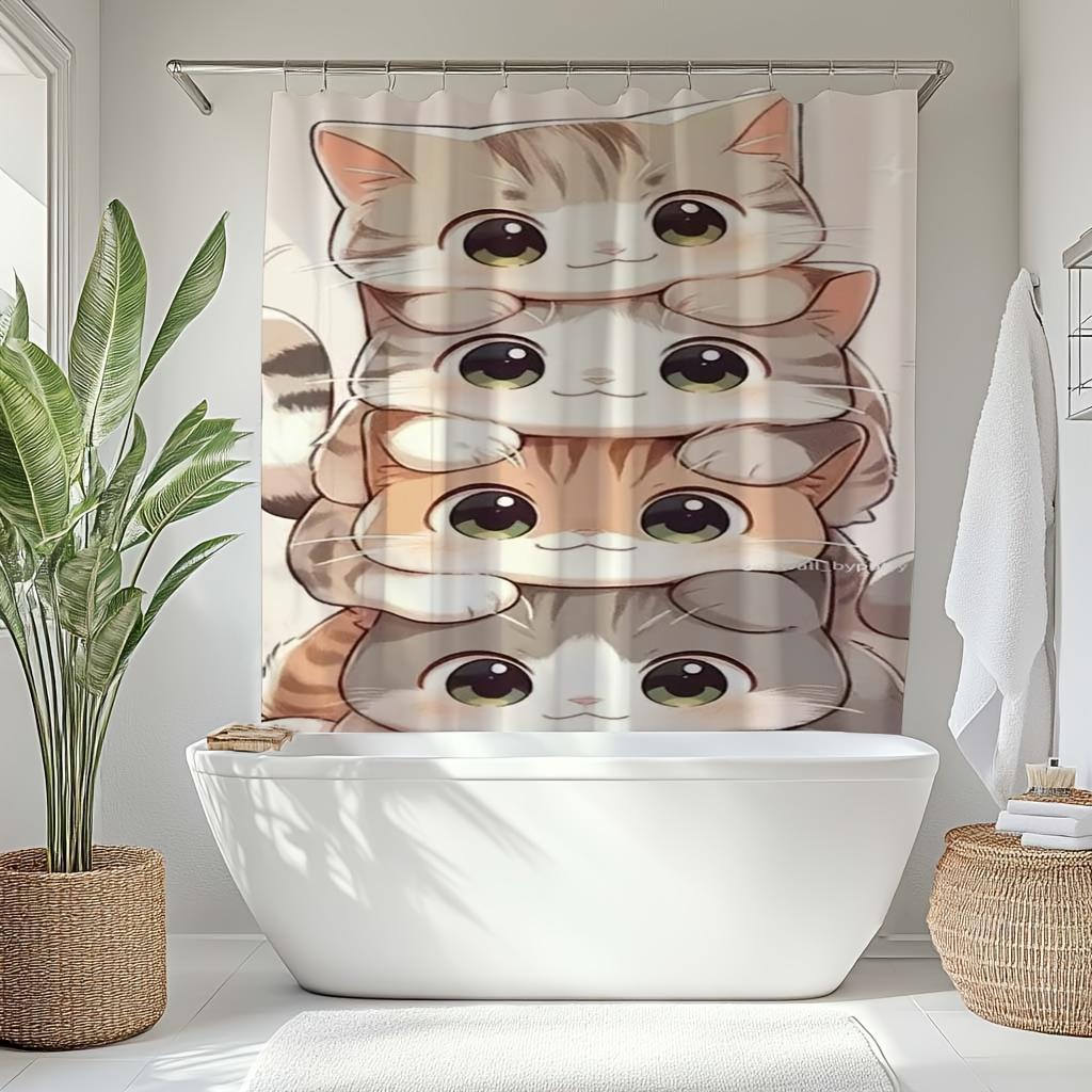 One-Piece Shower Curtain - Digitally Printed Art Pattern, Four Cute Cats Stacked, Polyester Fabric, With Hooks