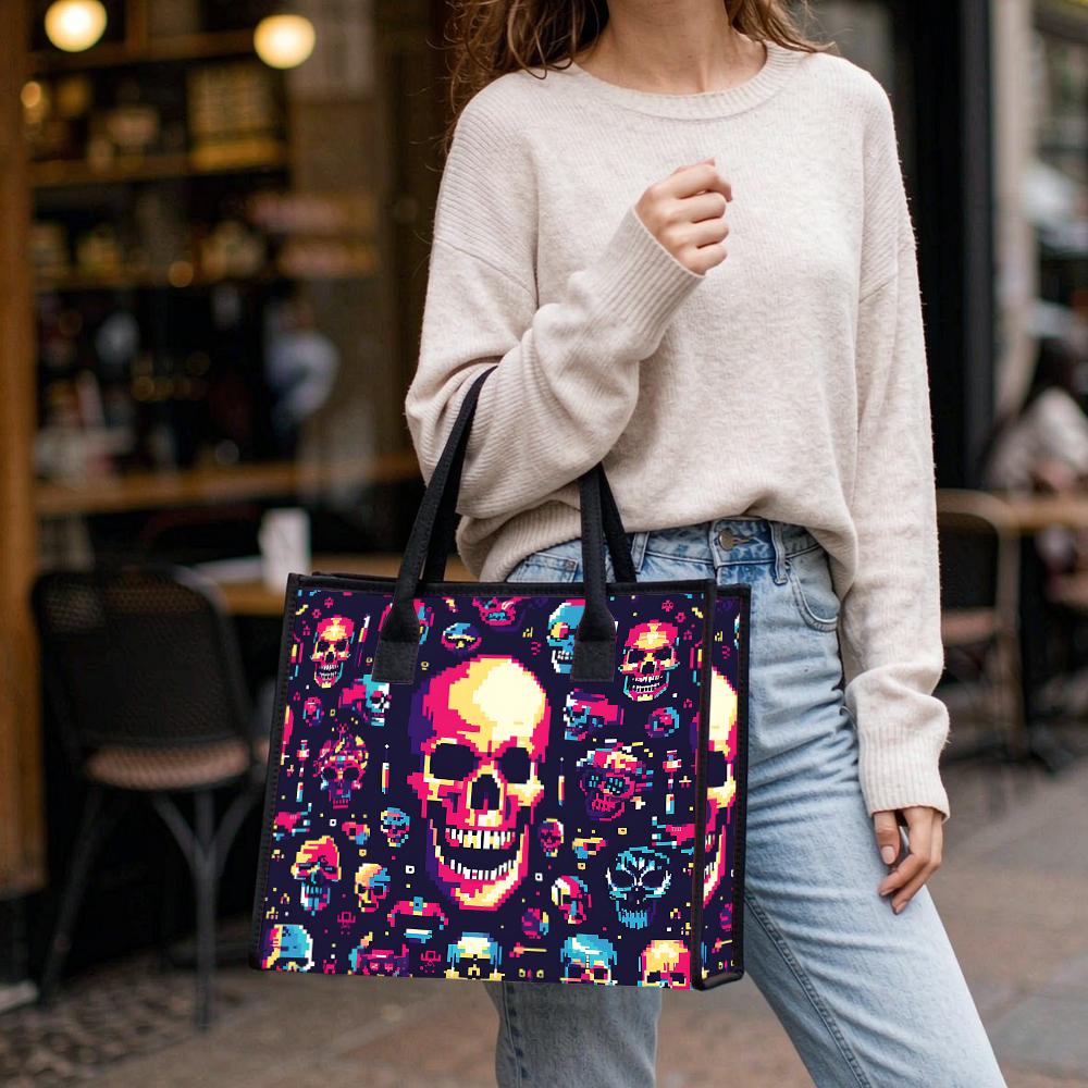 Pixel Skull Pattern Fashion Tote Bag Casual Portable Shopping Shoulder Bag For Daily Use