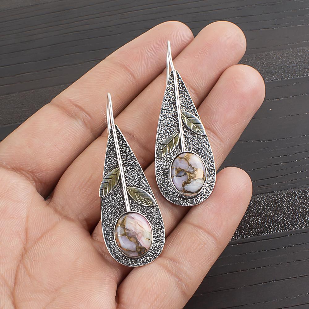 

Серьги из розового опала и медной бирюзы, Ювелирные изделия из 925 пробы серебра, Серьги ручной работы, На День благодарения 2.00 Inches серый