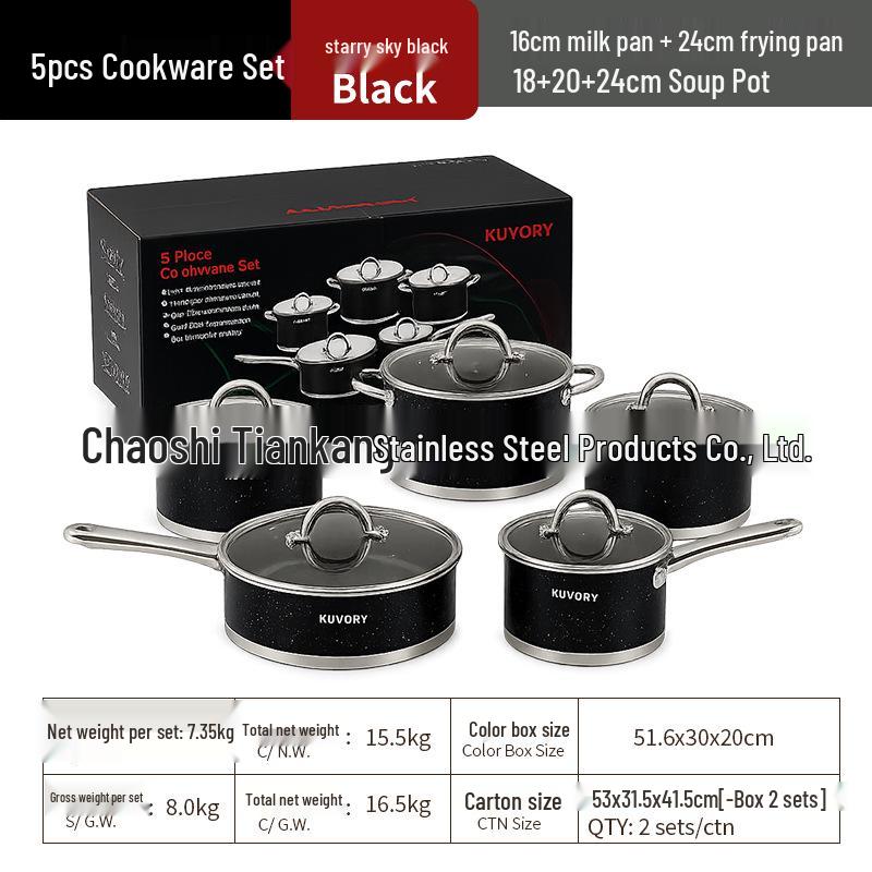 5-Piece Stainless Steel Cookware Set: Non-Stick Soup Pot, Frying Pan, and Milk Pot
