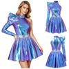 Women Halloween Cosplay Dress 80s Disco Metallic Mock Neck One Shoulder Long Sleeve Back Zip Asymmetrical Gown for Party