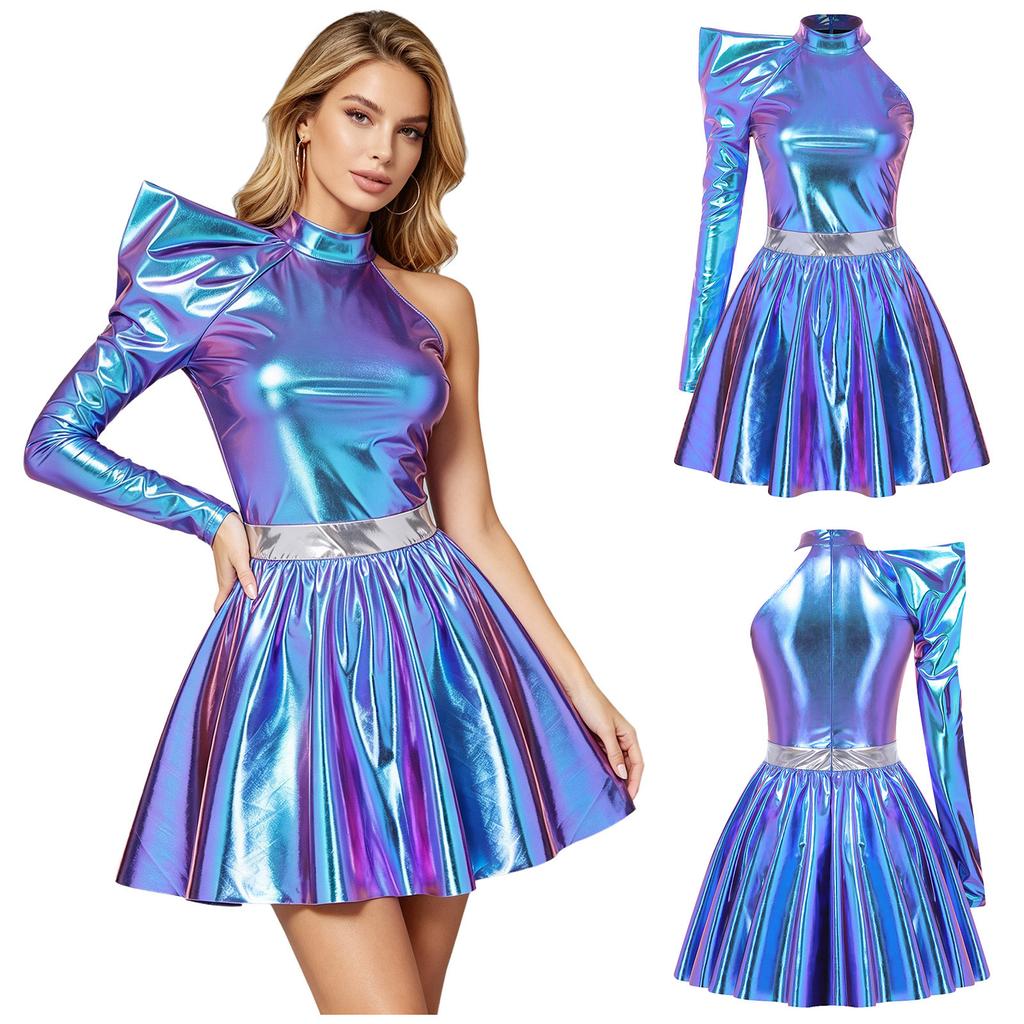 Women Halloween Cosplay Dress 80s Disco Metallic Mock Neck One Shoulder Long Sleeve Back Zip Asymmetrical Gown for Party