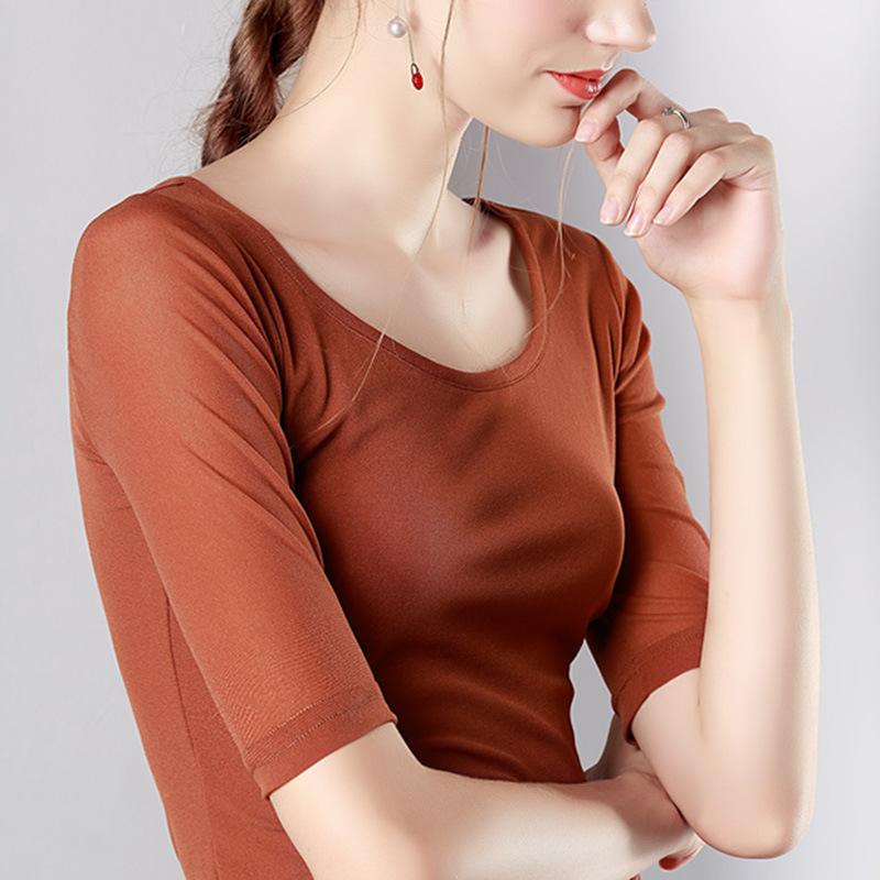 Femei Nou Femei Simplu Gât Rotund Mânecă Scurtă din Plasă Cămașă Top cu Mâneci Trei Sferturi Mulate pe Talie