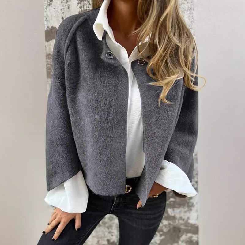 Dámský vlněný kabát z umělého kašmíru - Podzim/Zima, Volný krátký střih, Dlouhé rukávy