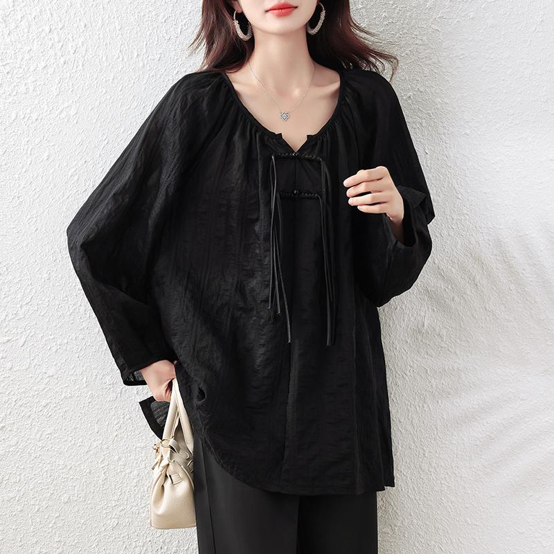 Elegant Plus Size Black Blouse for Women In Loose New Chinese Style with Long Sleeves