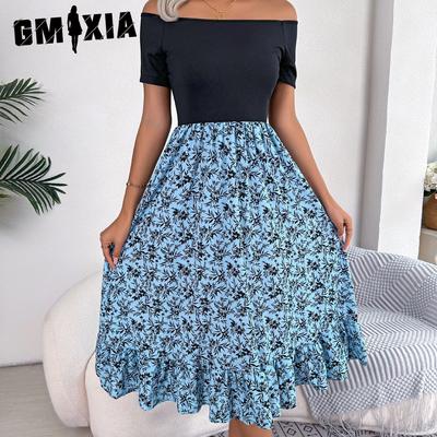 Women's Fashion Summer Spring Off-the-shoulder Flowers with Ruffles Short Sleeve One Shoulder High Waist Casual Dresses