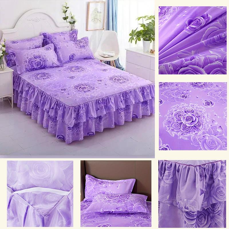 3PC Printed Bed Skirt Set 1Bed Skirt+2Pillowcases Floral Lace Bed Skirt Breathable Soft Bed Cover Bedding Set 360 ° Anti Slip Mattress Protector Cover
