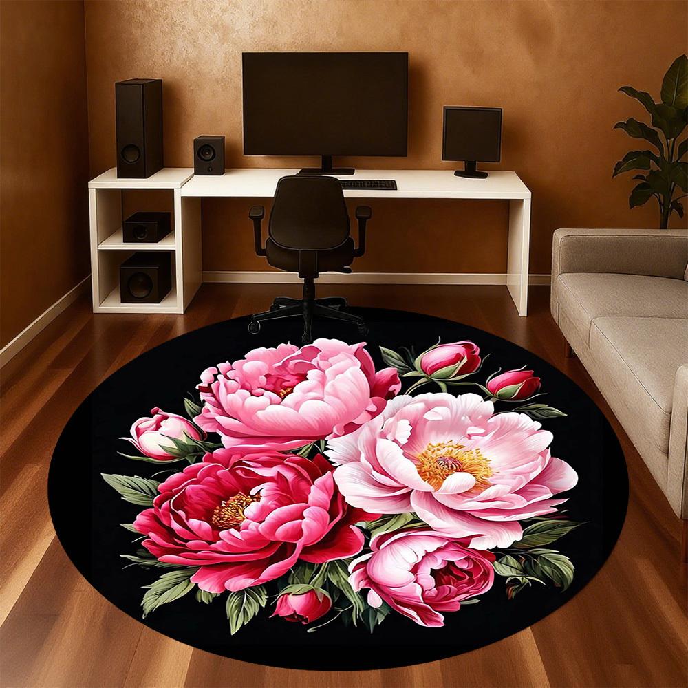 1ks Květiny Pivoňky Kulatá Podložka na Židli Koberec - Protiskluzová, Podlahová Rohožka do Kanceláře, Ložnice a Vnitřní Výzdoby -1002173