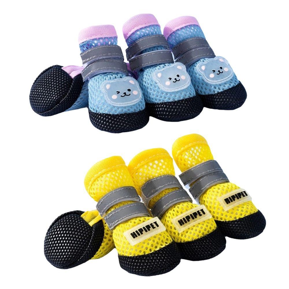 4Pcs/Set Reflective Anti-Slip Dog Boots Adjustable Dog Footwear Cute Dog Mesh Shoes Outdoor